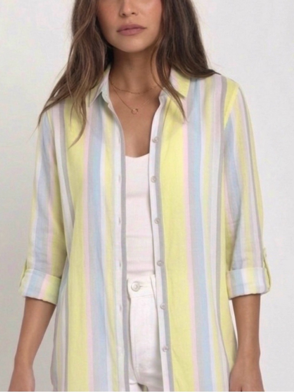 Cloth and Stone Shirt Green White Striped Hi Low Linen Blend Tunic S